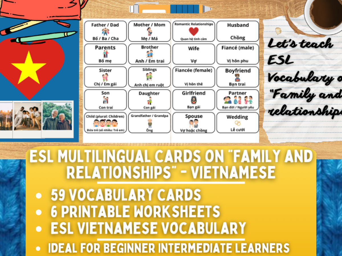 An educational teaching resource from Learning with Alan entitled ESL Vocabulary Flashcards - Family and Relationships - Vietnamese downloadable at Teach Simple.