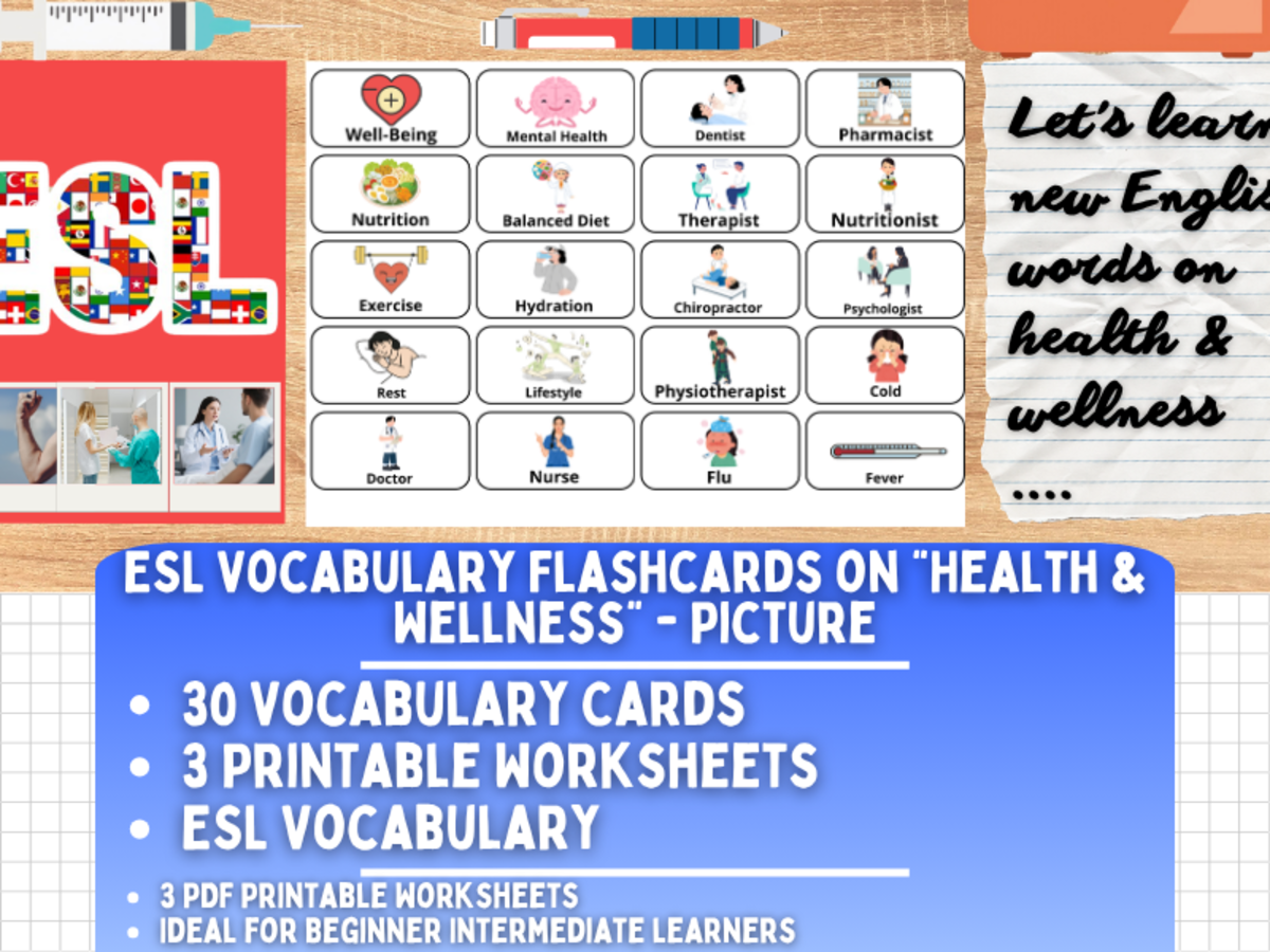An educational teaching resource from Learning with Alan entitled ESL Vocabulary Flashcards - Health & Wellness - Pictures downloadable at Teach Simple.