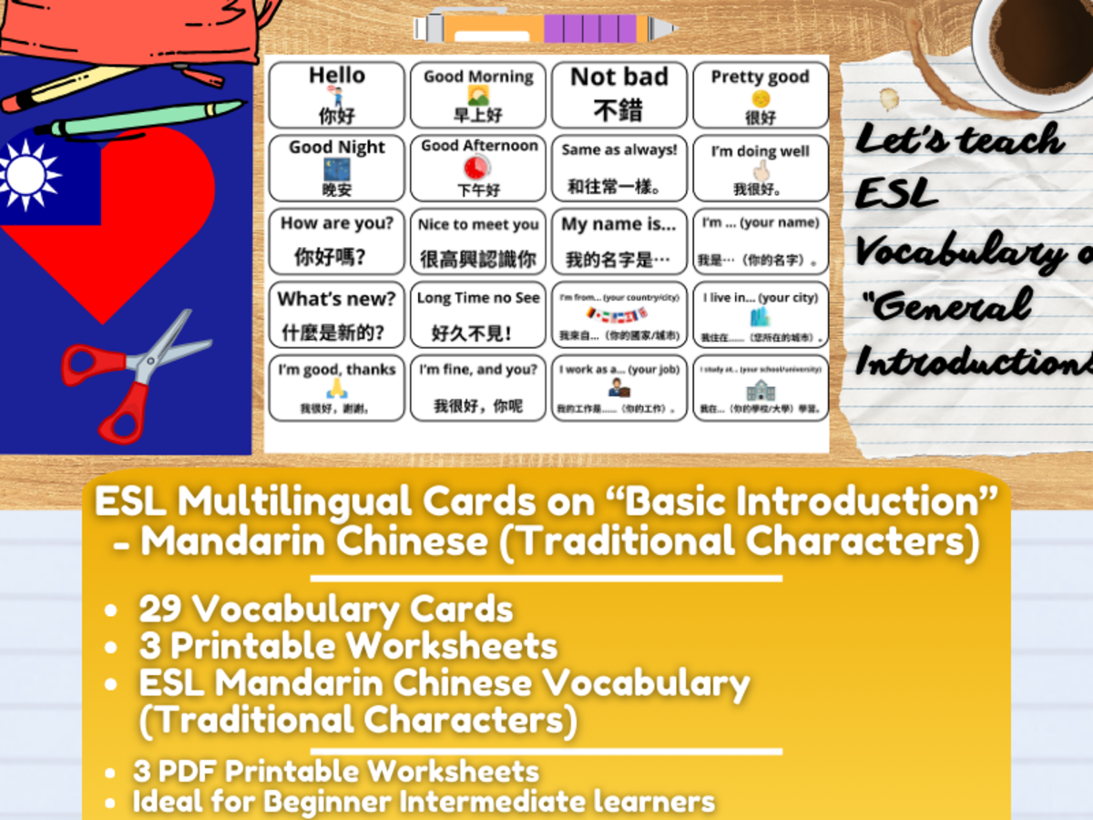 An educational teaching resource from Learning with Alan entitled ESL Vocabulary Flashcards - Introductions - Mandarin - Traditional downloadable at Teach Simple.
