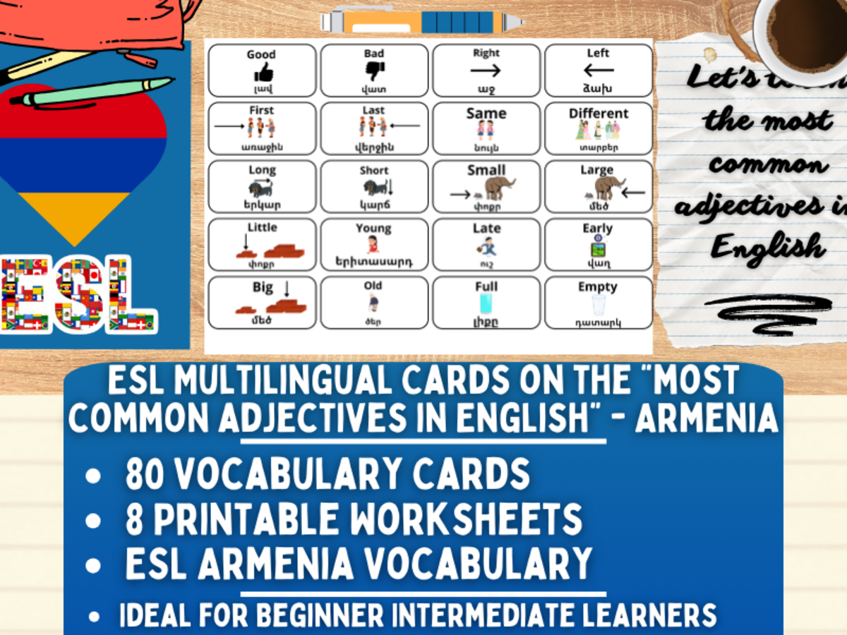 An educational teaching resource from Learning with Alan entitled ESL Vocabulary Flashcards - Most Common Adjectives - Armenian downloadable at Teach Simple.