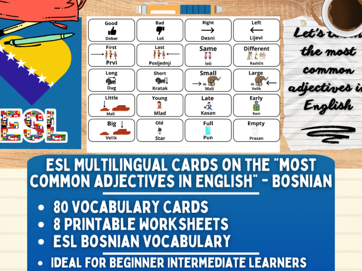 An educational teaching resource from Learning with Alan entitled ESL Vocabulary Flashcards - Most common adjectives - Bosnian downloadable at Teach Simple.