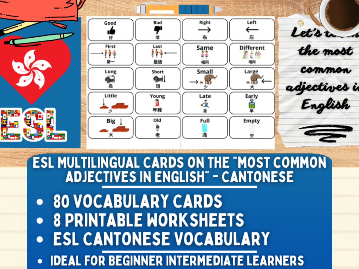 An educational teaching resource from Learning with Alan entitled ESL Vocabulary Flashcards - Most Common Adjectives - Cantonese downloadable at Teach Simple.