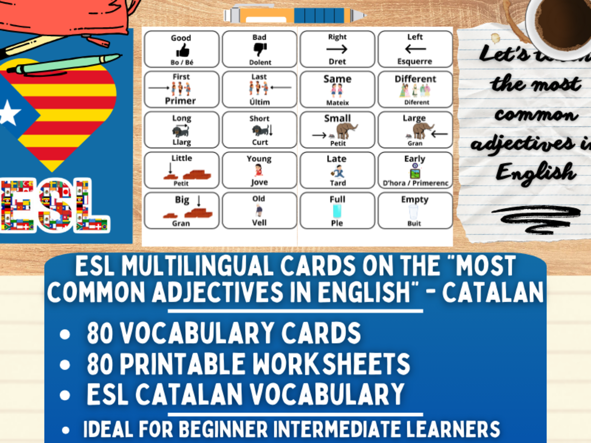 An educational teaching resource from Learning with Alan entitled ESL Vocabulary Flashcards - Most Common Adjectives - Catalan downloadable at Teach Simple.