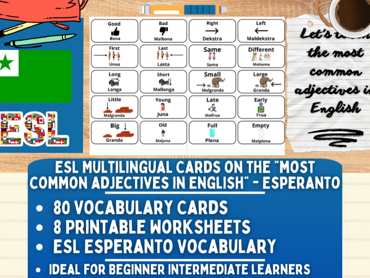 An educational teaching resource from Learning with Alan entitled ESL Vocabulary Flashcards - Most Common Adjectives - Esperanto downloadable at Teach Simple.