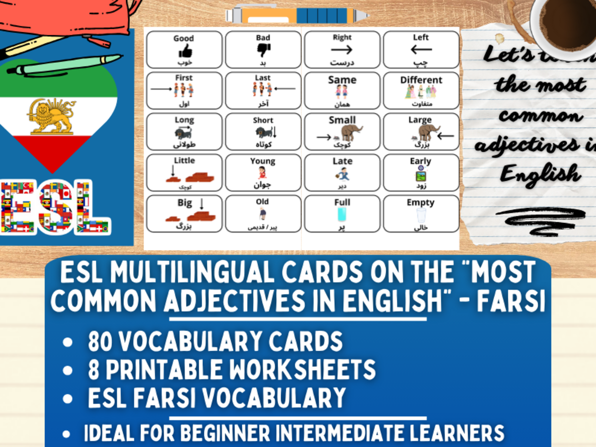 An educational teaching resource from Learning with Alan entitled ESL Vocabulary Flashcards - Most Common Adjectives - Farsi downloadable at Teach Simple.