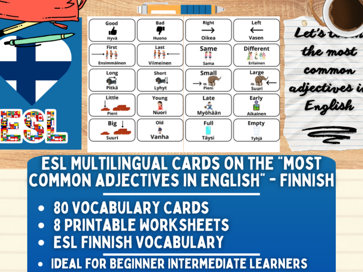 An educational teaching resource from Learning with Alan entitled ESL Vocabulary Flashcards - Most Common Adjectives - Finnish downloadable at Teach Simple.