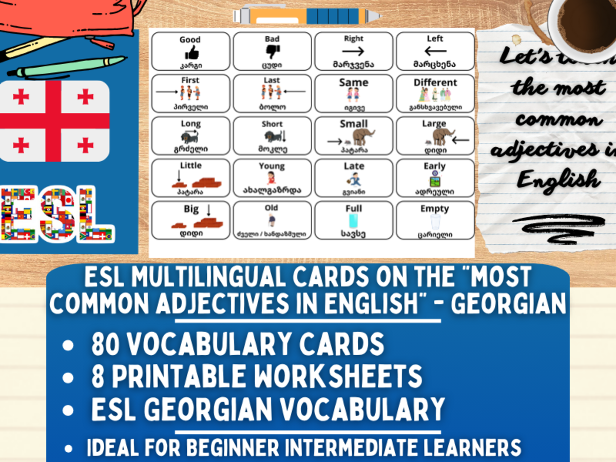 An educational teaching resource from Learning with Alan entitled ESL Vocabulary Flashcards - Most Common Adjectives - Georgian downloadable at Teach Simple.