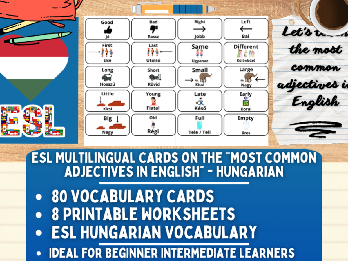 An educational teaching resource from Learning with Alan entitled ESL Vocabulary Flashcards - Most Common Adjectives - Hungary downloadable at Teach Simple.