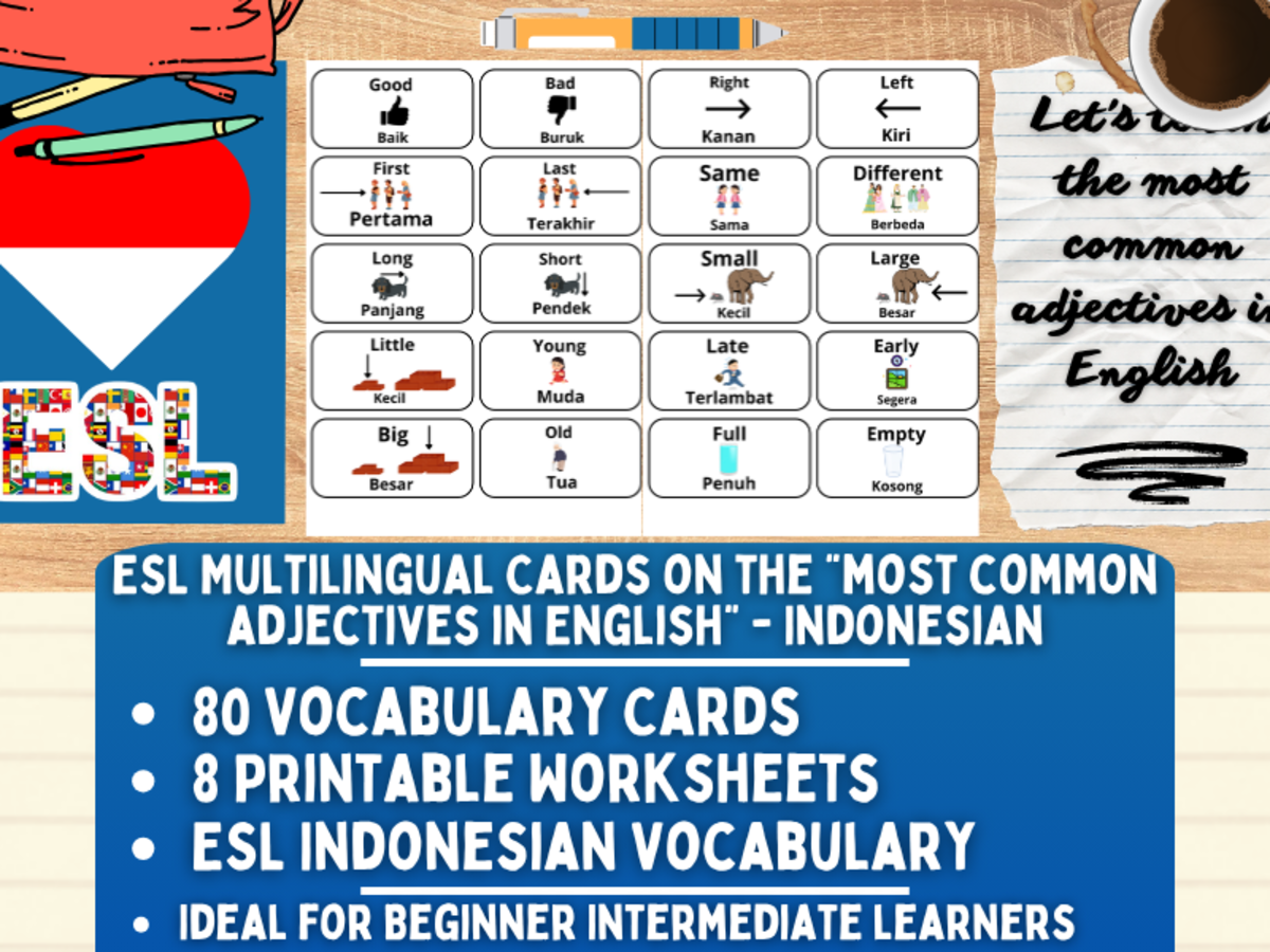 An educational teaching resource from Learning with Alan entitled ESL Vocabulary Flashcards - Most common adjectives - Indonesian downloadable at Teach Simple.