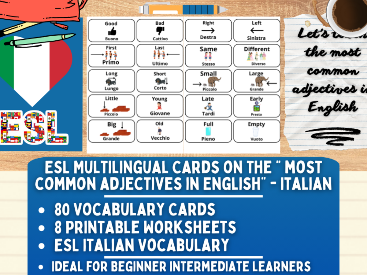 An educational teaching resource from Learning with Alan entitled ESL Vocabulary Flashcards - Most Common Adjectives - Italian downloadable at Teach Simple.