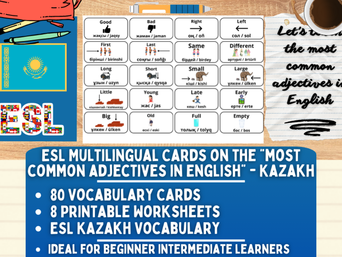 An educational teaching resource from Learning with Alan entitled ESL Vocabulary Flashcards - Most Common Adjectives - Kazakh downloadable at Teach Simple.