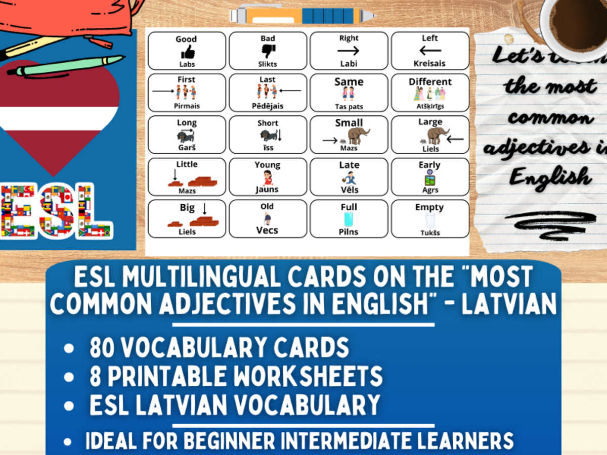 An educational teaching resource from Learning with Alan entitled ESL Vocabulary Flashcards - Most Common Adjectives - Latvian downloadable at Teach Simple.