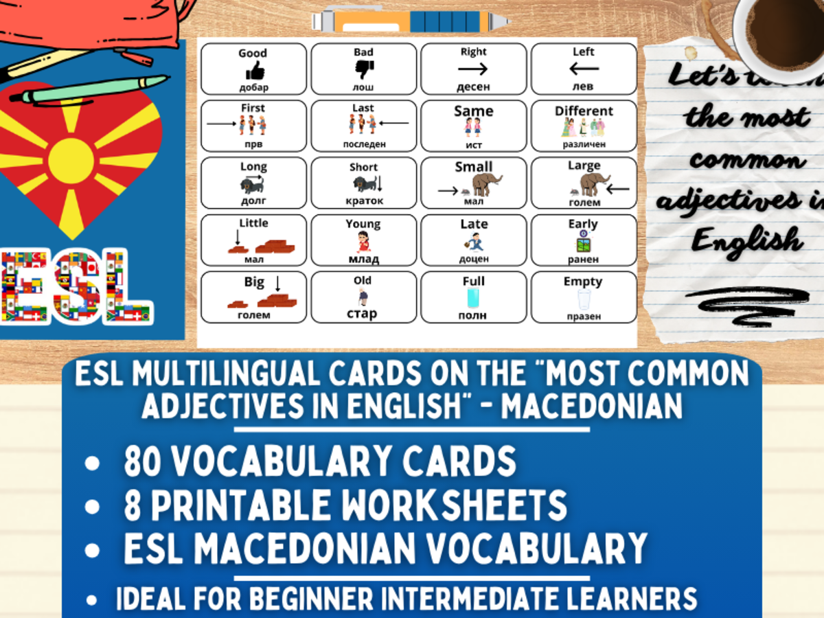 An educational teaching resource from Learning with Alan entitled ESL Vocabulary Flashcards - Most Common Adjectives - Macedonian downloadable at Teach Simple.