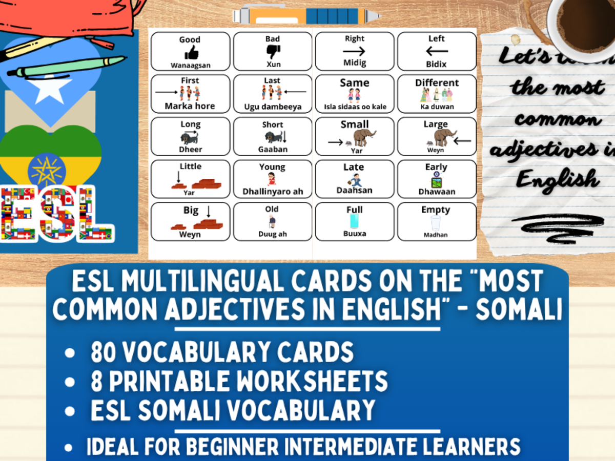 An educational teaching resource from Learning with Alan entitled ESL Vocabulary Flashcards - Most common adjectives - Somali downloadable at Teach Simple.