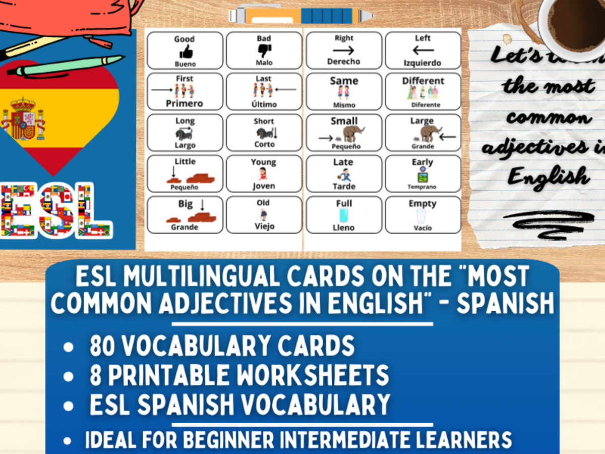 An educational teaching resource from Learning with Alan entitled ESL Vocabulary Flashcards - Most common adjectives - Spanish downloadable at Teach Simple.