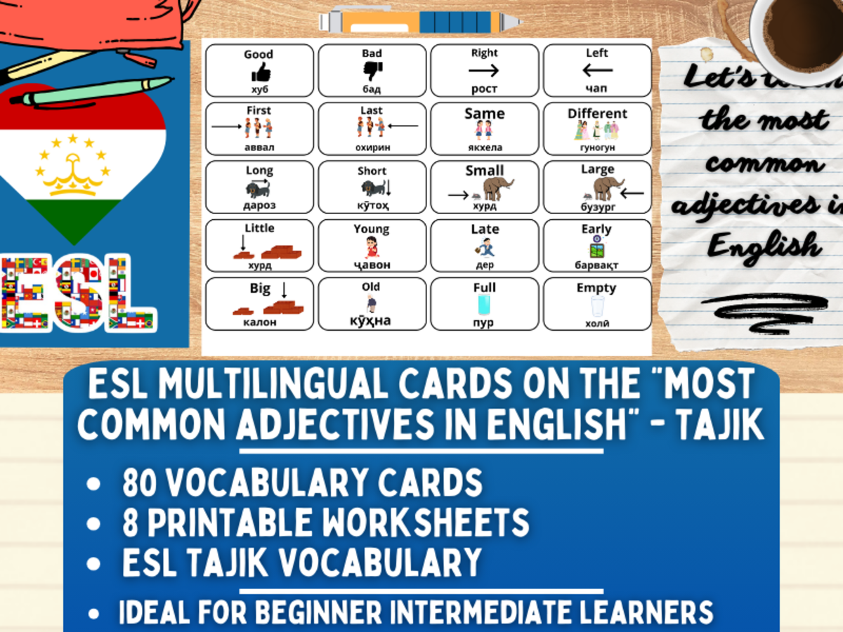 An educational teaching resource from Learning with Alan entitled ESL Vocabulary Flashcards - Most Common Adjectives - Tajik downloadable at Teach Simple.