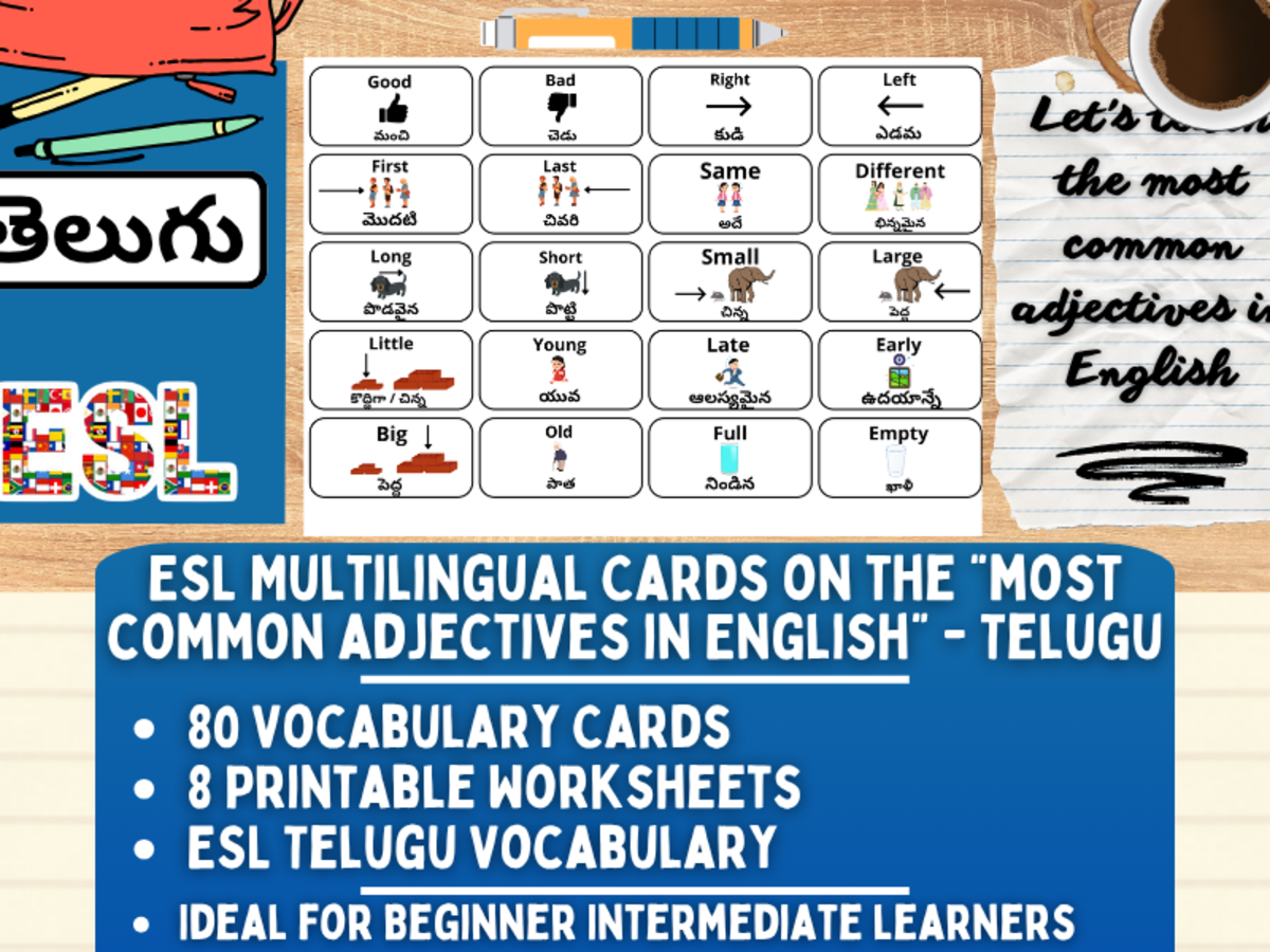 An educational teaching resource from Learning with Alan entitled ESL Vocabulary Flashcards - Most common adjectives - Telugu downloadable at Teach Simple.