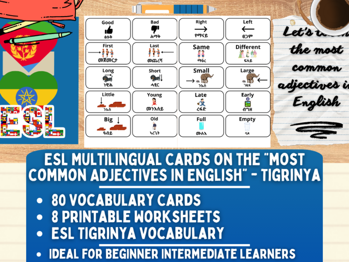 An educational teaching resource from Learning with Alan entitled ESL Vocabulary Flashcards - Most common adjectives - Tigrinya downloadable at Teach Simple.