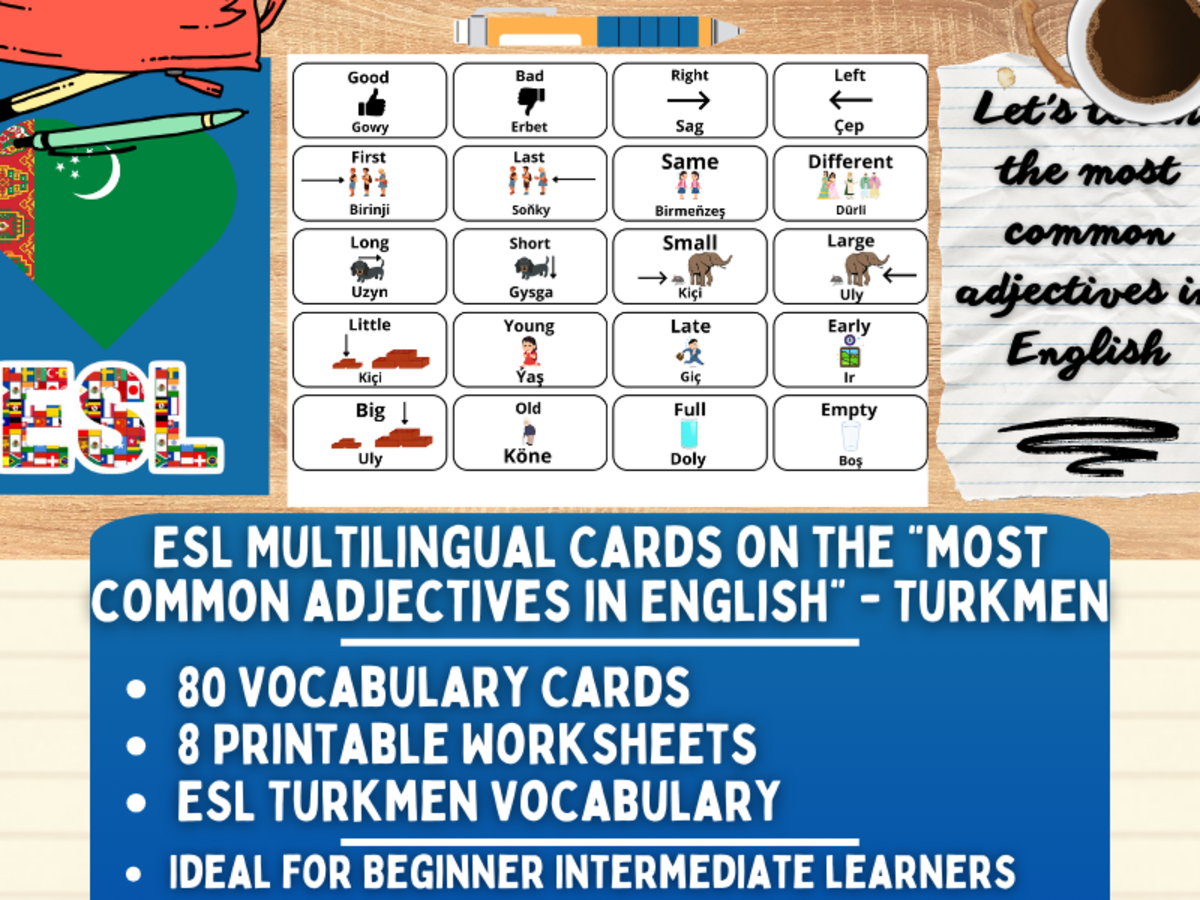 An educational teaching resource from Learning with Alan entitled ESL Vocabulary Flashcards - Most Common Adjectives - Turkmen downloadable at Teach Simple.