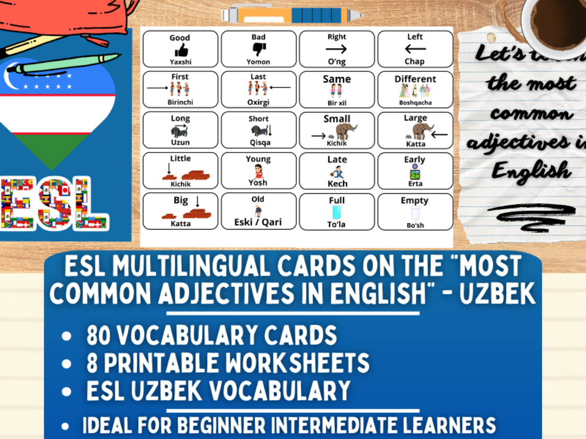 An educational teaching resource from Learning with Alan entitled ESL Vocabulary Flashcards - Most Common Adjectives - Uzbek downloadable at Teach Simple.