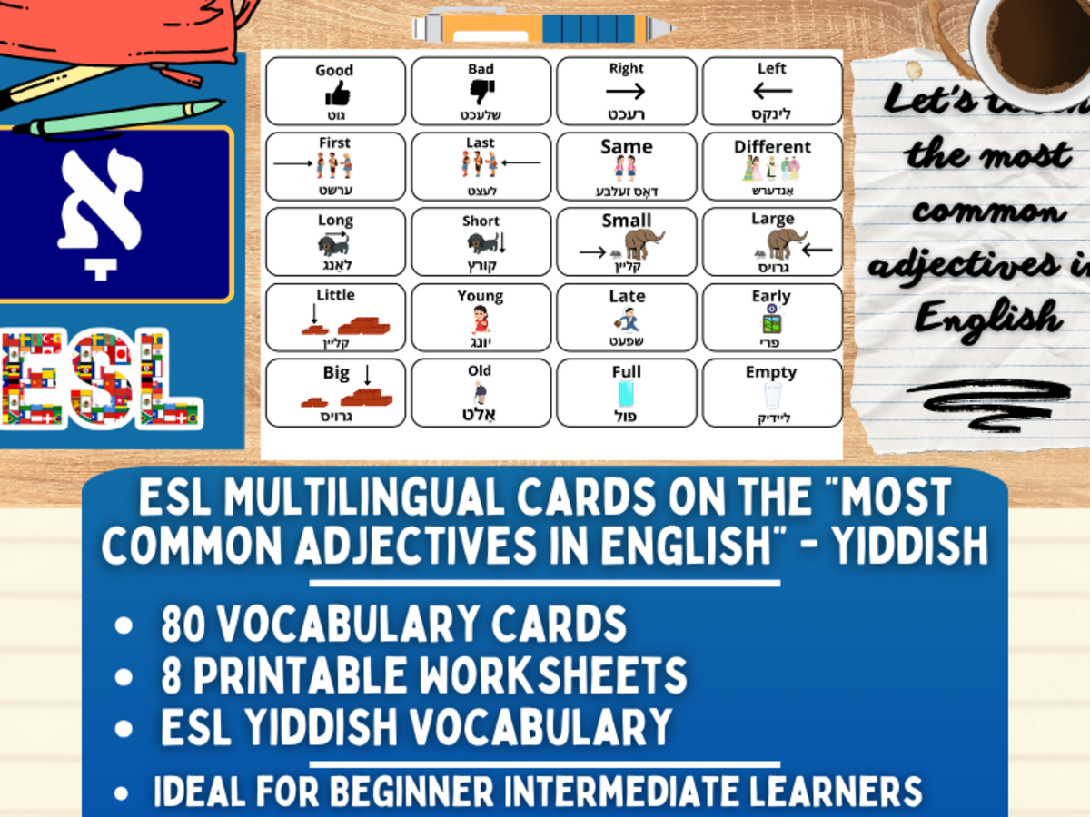 An educational teaching resource from Learning with Alan entitled ESL Vocabulary Flashcards - Most Common Adjectives - Yiddish downloadable at Teach Simple.