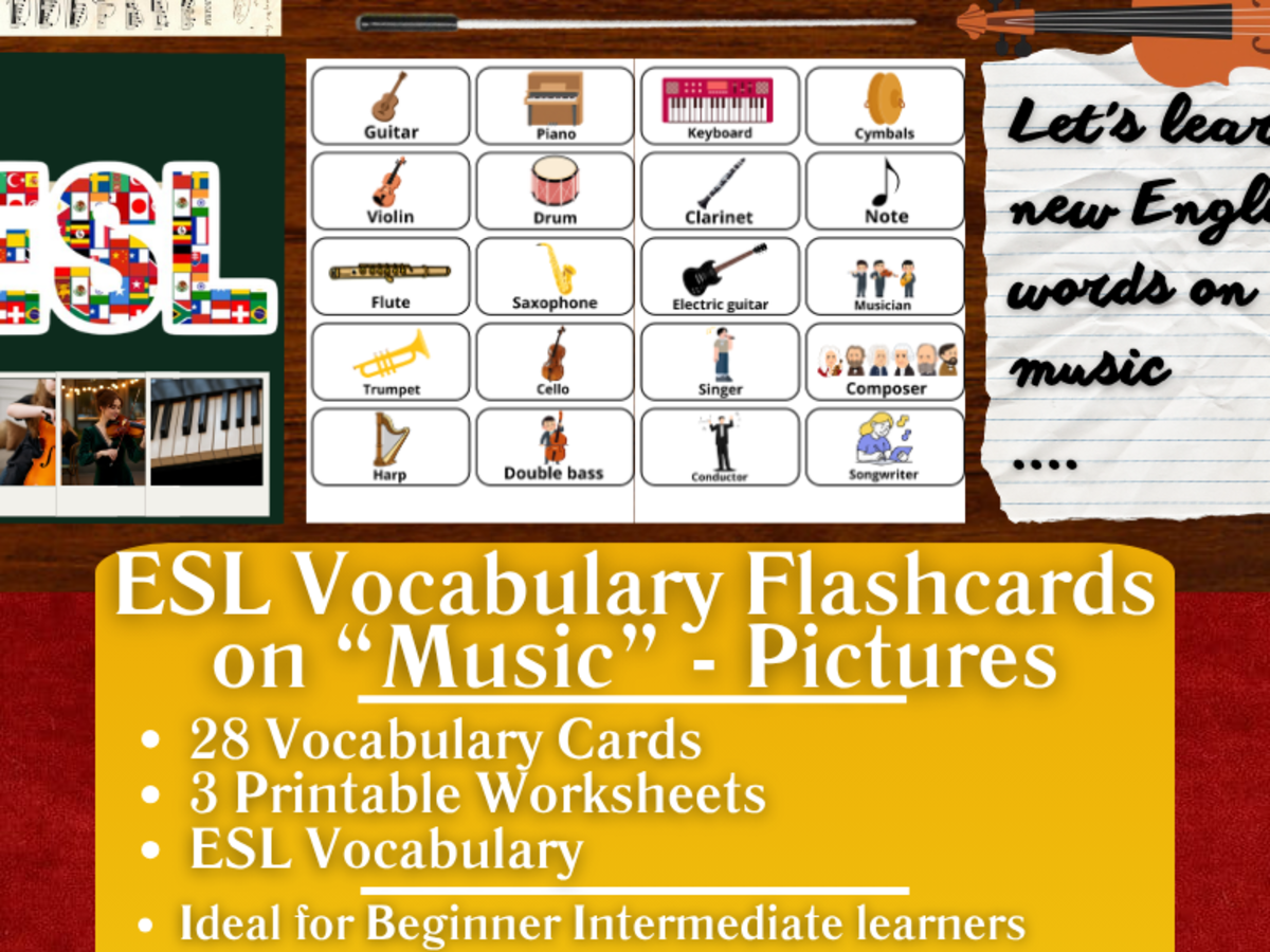 An educational teaching resource from Learning with Alan entitled ESL Vocabulary Flashcards - Music - Pictures downloadable at Teach Simple.