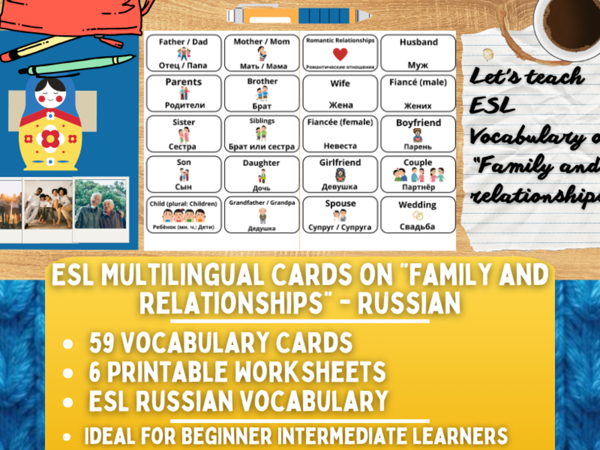 An educational teaching resource from Learning with Alan entitled ESL Vocabulary Flashcards on "Family and Relationships" - Russian downloadable at Teach Simple.
