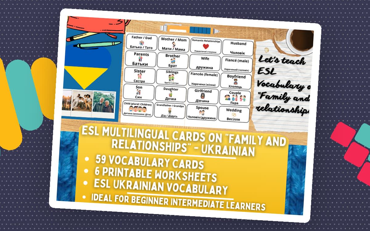An educational teaching resource from Learning with Alan entitled ESL Vocabulary Flashcards on "Family and Relationships" - Ukrainian downloadable at Teach Simple.