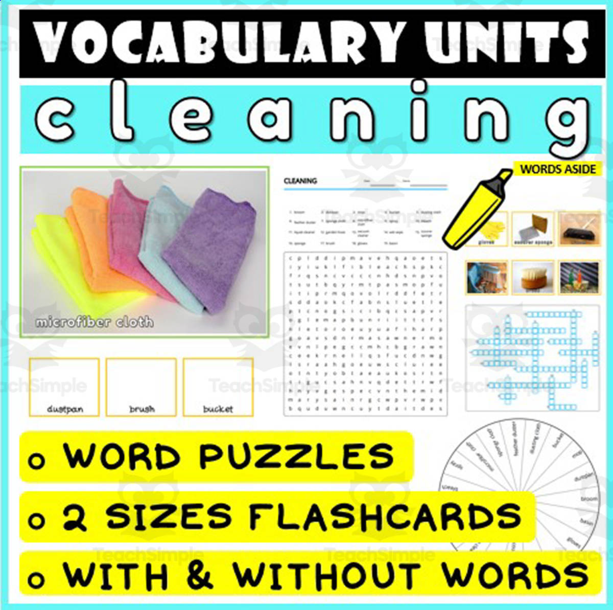 An educational teaching resource from WORDS ASIDE entitled ESL Vocabulary Flashcards Puzzles Games 10 downloadable at Teach Simple.