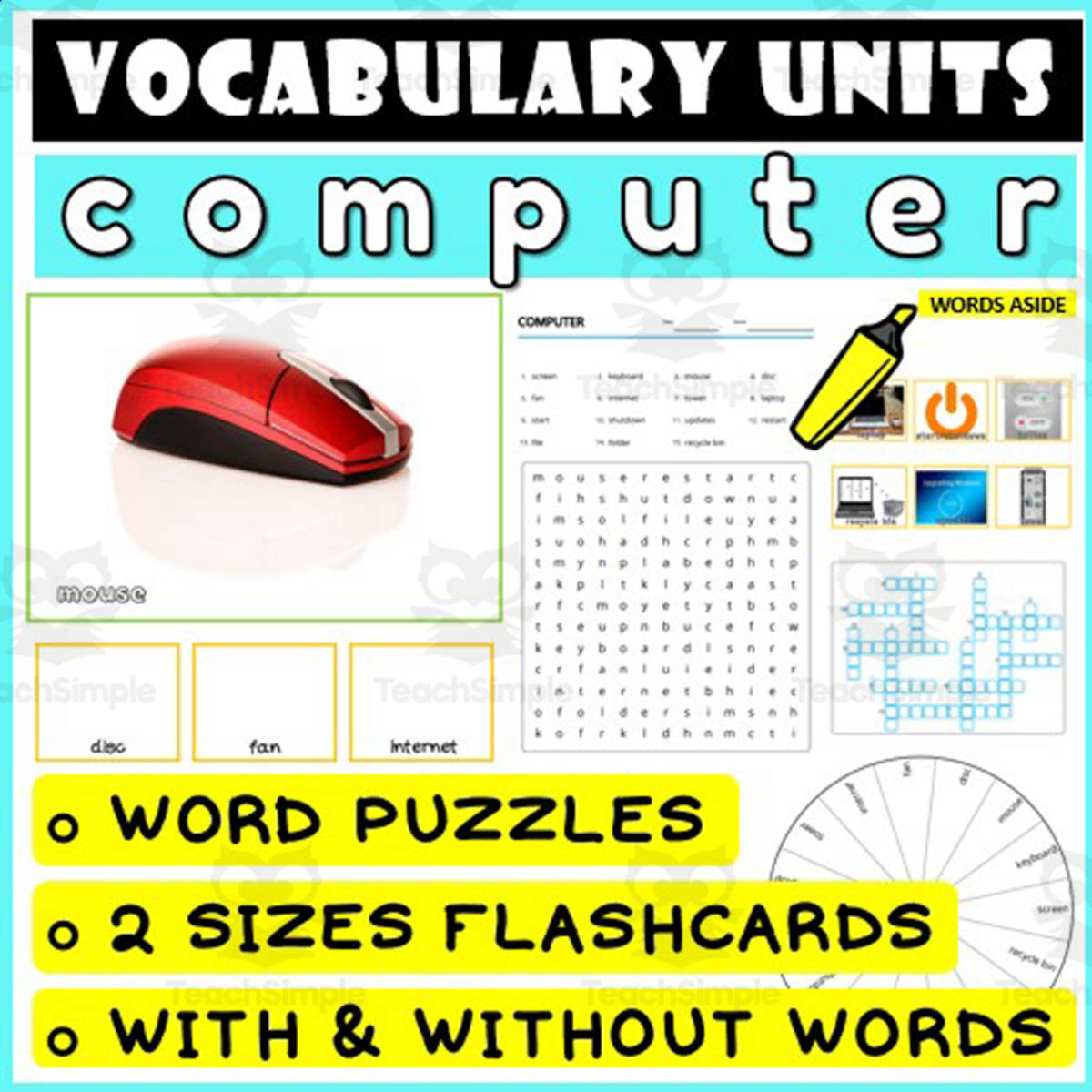 An educational teaching resource from WORDS ASIDE entitled ESL Vocabulary Flashcards Puzzles Games 12 downloadable at Teach Simple.