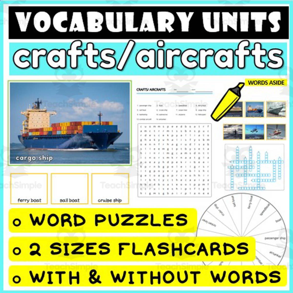 An educational teaching resource from WORDS ASIDE entitled ESL Vocabulary Flashcards Puzzles Games 13 downloadable at Teach Simple.