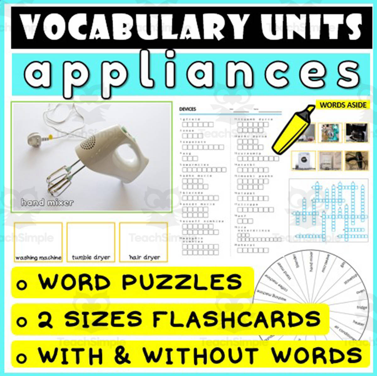 An educational teaching resource from WORDS ASIDE entitled ESL Vocabulary Flashcards Puzzles Games 15 downloadable at Teach Simple.