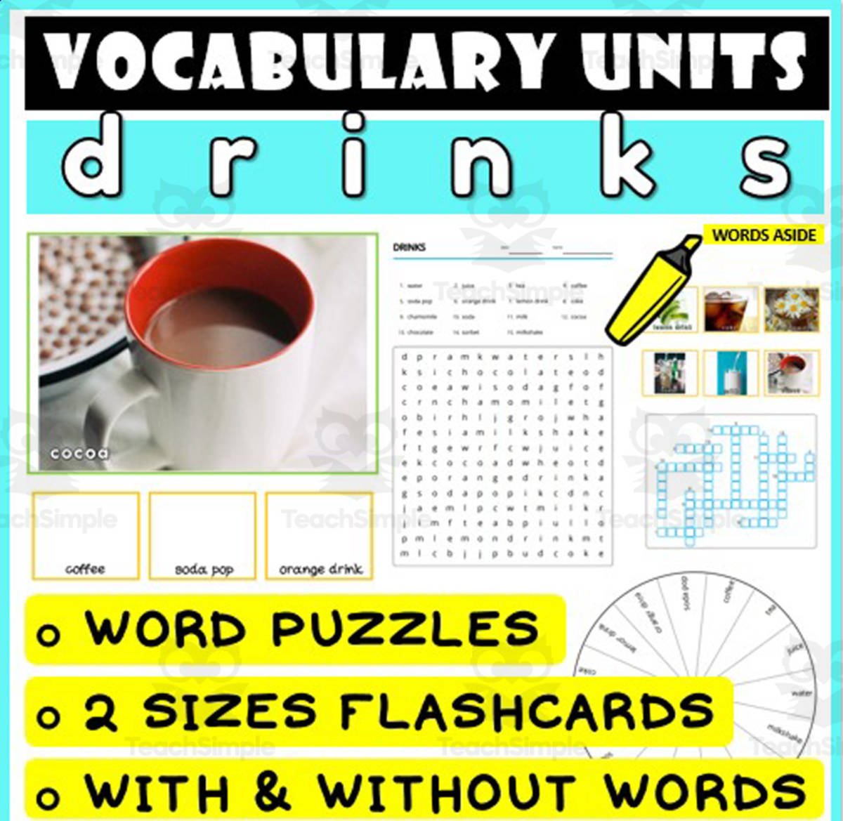 An educational teaching resource from WORDS ASIDE entitled ESL Vocabulary Flashcards Puzzles Games 17 downloadable at Teach Simple.