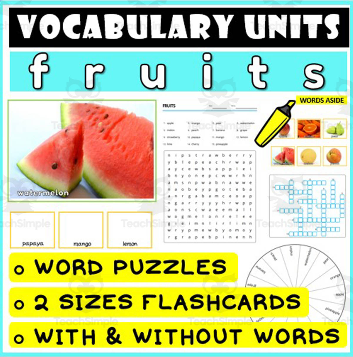 An educational teaching resource from WORDS ASIDE entitled ESL Vocabulary Flashcards Puzzles Games 20 downloadable at Teach Simple.