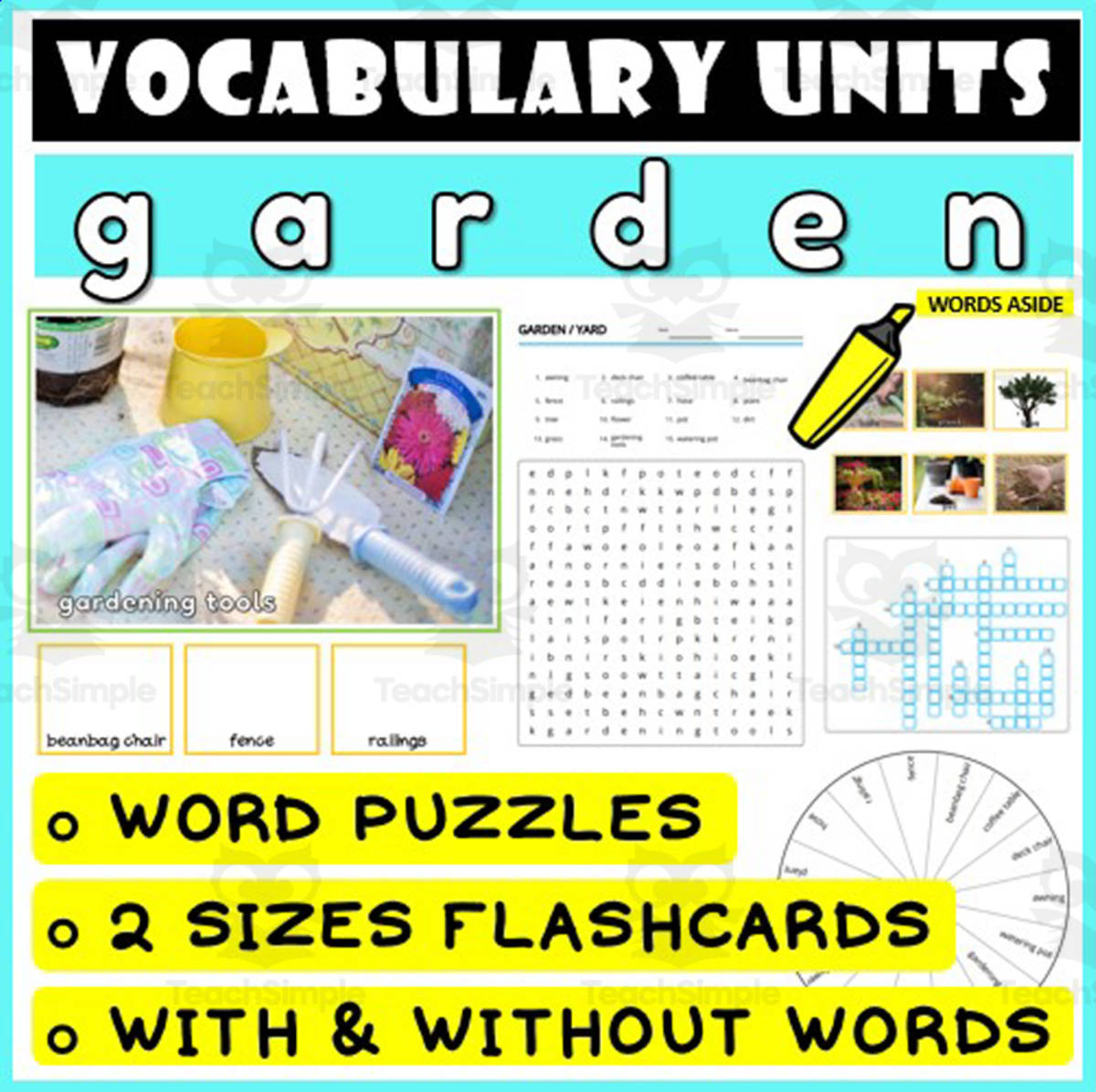 An educational teaching resource from WORDS ASIDE entitled ESL Vocabulary Flashcards Puzzles Games 22 downloadable at Teach Simple.