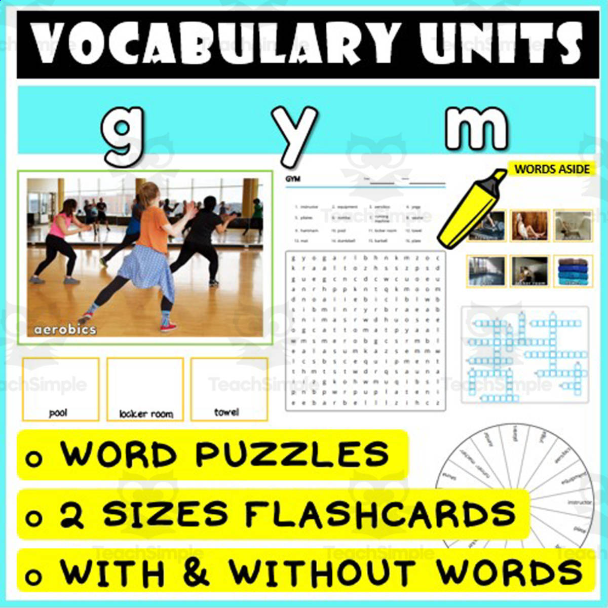 An educational teaching resource from WORDS ASIDE entitled ESL Vocabulary Flashcards Puzzles Games 23 downloadable at Teach Simple.