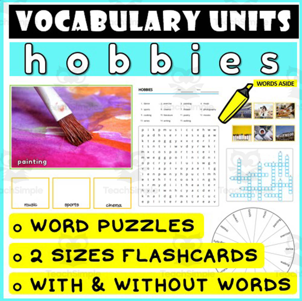 An educational teaching resource from WORDS ASIDE entitled ESL Vocabulary Flashcards Puzzles Games 24 downloadable at Teach Simple.