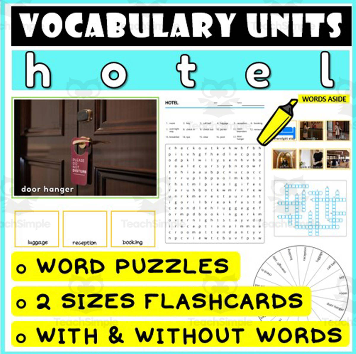 An educational teaching resource from WORDS ASIDE entitled ESL Vocabulary Flashcards Puzzles Games 26 downloadable at Teach Simple.