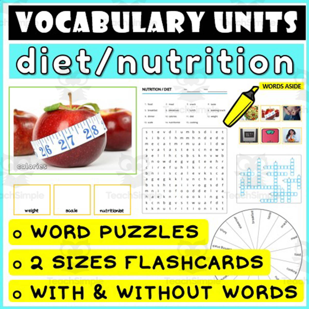 An educational teaching resource from WORDS ASIDE entitled ESL Vocabulary Flashcards Puzzles Games 30 downloadable at Teach Simple.