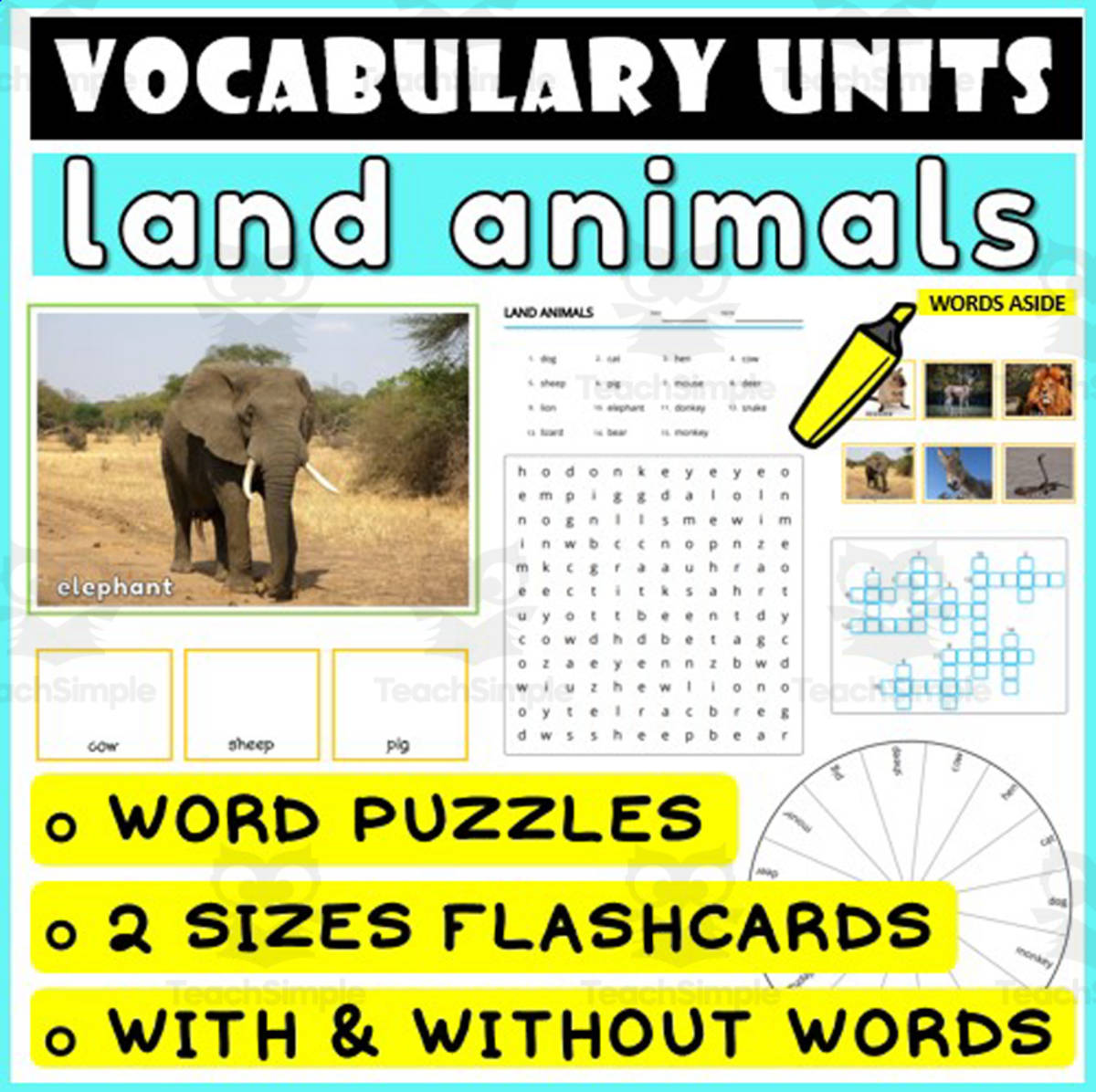 An educational teaching resource from WORDS ASIDE entitled ESL Vocabulary Flashcards Puzzles Games 31 downloadable at Teach Simple.