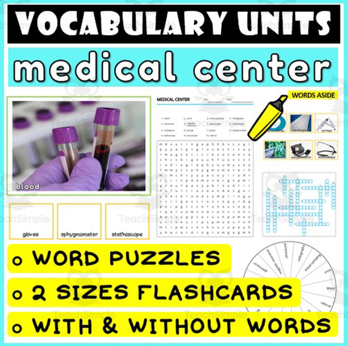 An educational teaching resource from WORDS ASIDE entitled ESL Vocabulary Flashcards Puzzles Games 32 downloadable at Teach Simple.