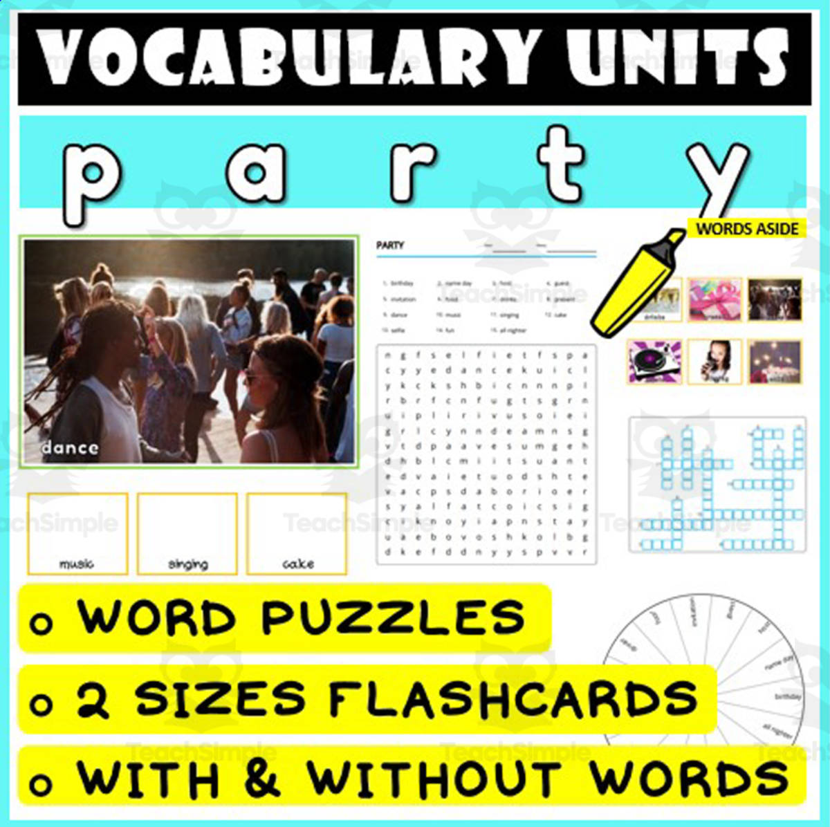 An educational teaching resource from WORDS ASIDE entitled ESL Vocabulary Flashcards Puzzles Games 35 downloadable at Teach Simple.