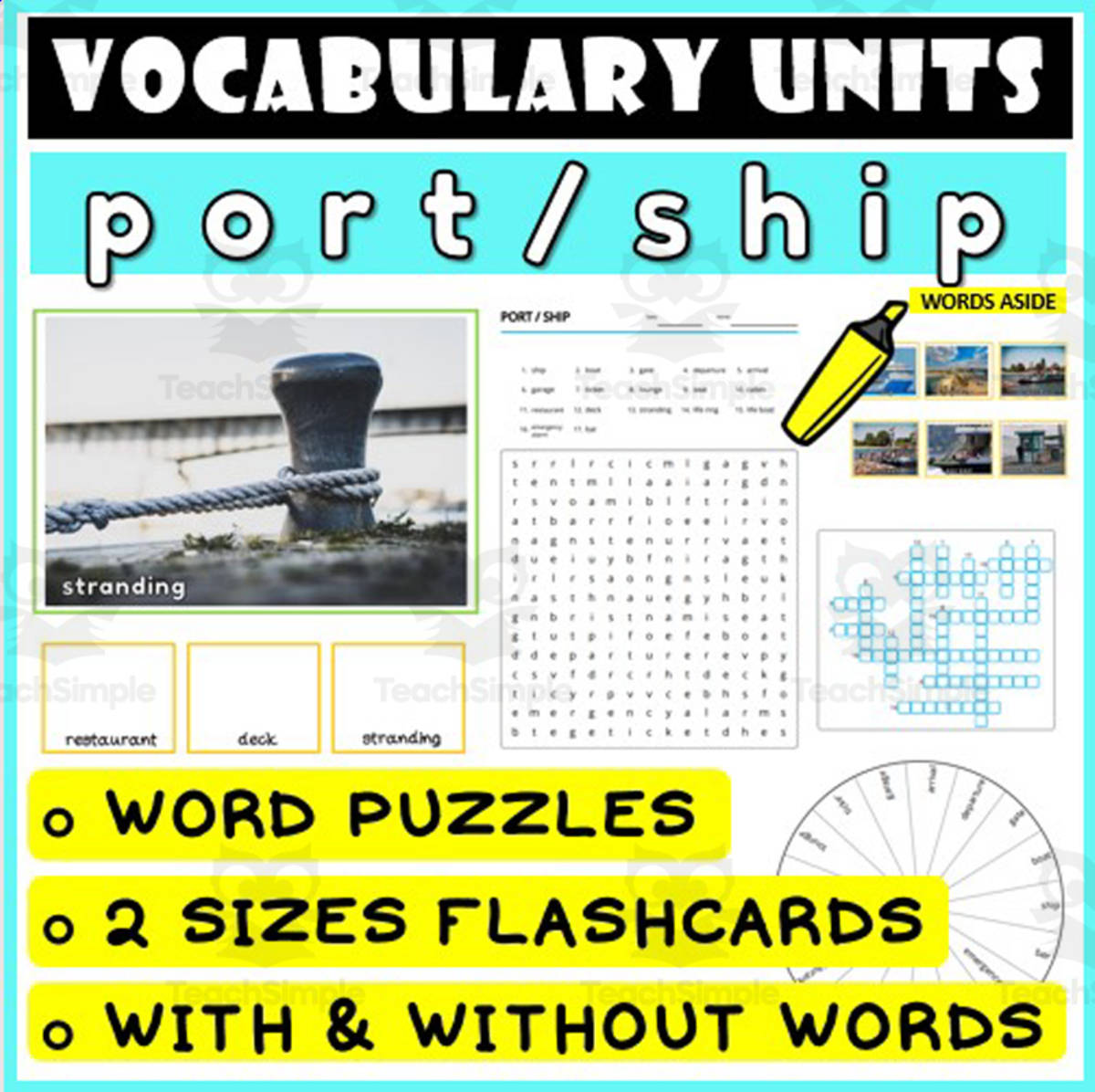 An educational teaching resource from WORDS ASIDE entitled ESL Vocabulary Flashcards Puzzles Games 38 downloadable at Teach Simple.