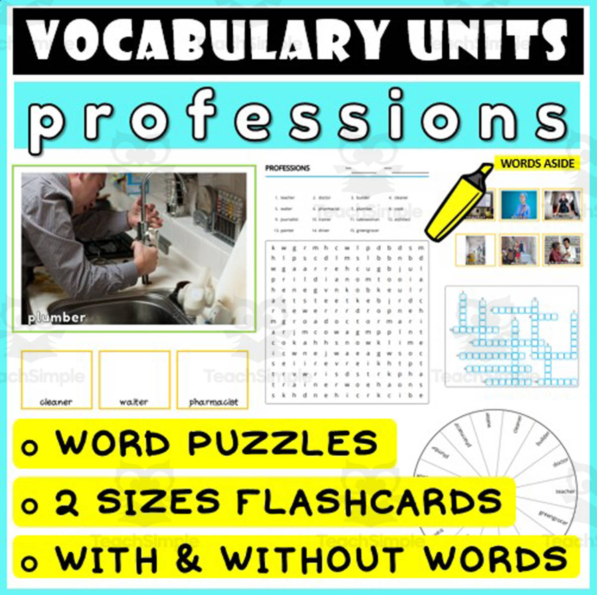 An educational teaching resource from WORDS ASIDE entitled ESL Vocabulary Flashcards Puzzles Games 39 downloadable at Teach Simple.