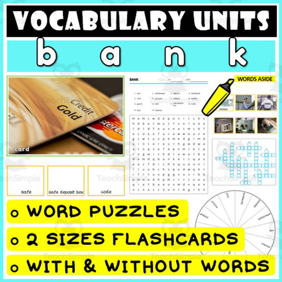 An educational teaching resource from WORDS ASIDE entitled ESL Vocabulary Flashcards Puzzles Games 4 downloadable at Teach Simple.