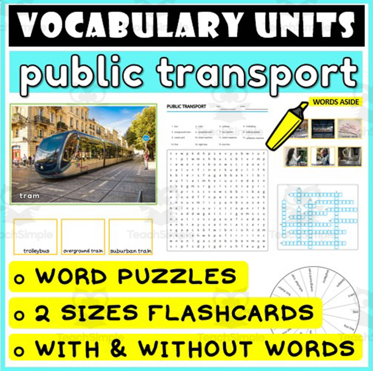 An educational teaching resource from WORDS ASIDE entitled ESL Vocabulary Flashcards Puzzles Games 40 downloadable at Teach Simple.