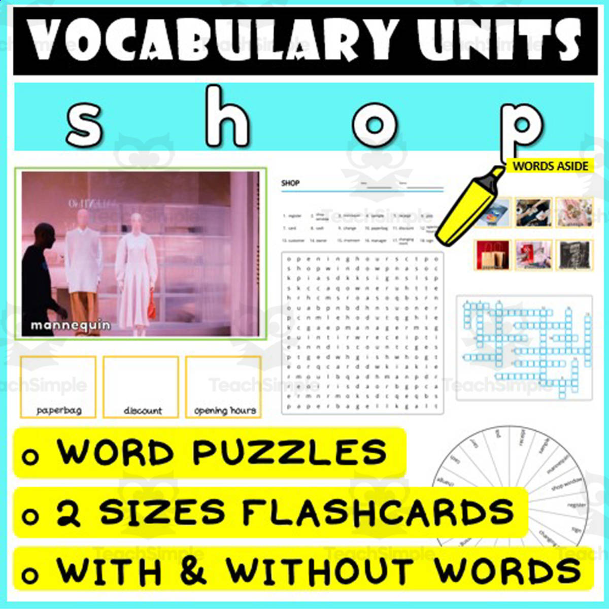 An educational teaching resource from WORDS ASIDE entitled ESL Vocabulary Flashcards Puzzles Games 42 downloadable at Teach Simple.