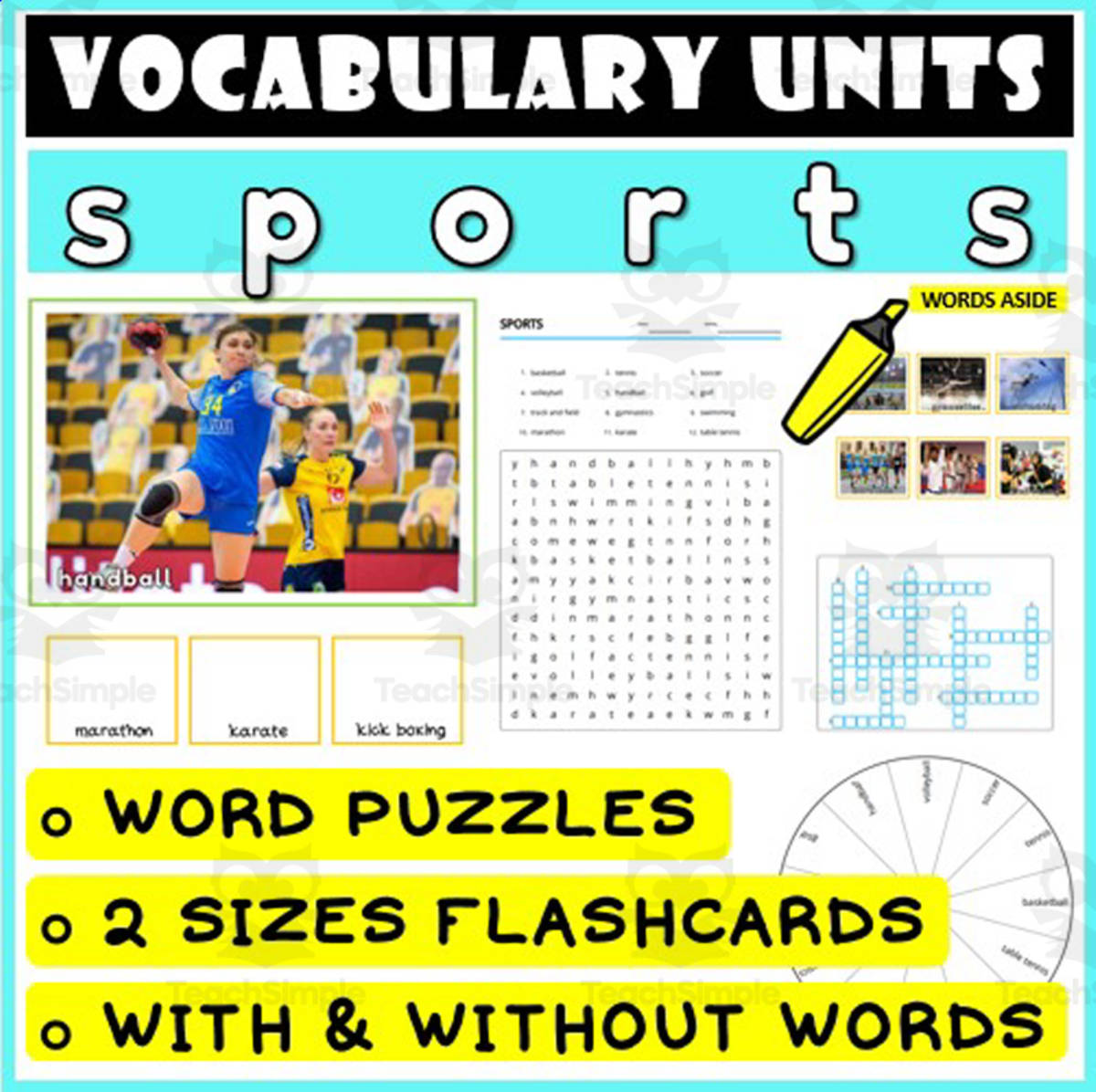 An educational teaching resource from WORDS ASIDE entitled ESL Vocabulary Flashcards Puzzles Games 43 downloadable at Teach Simple.