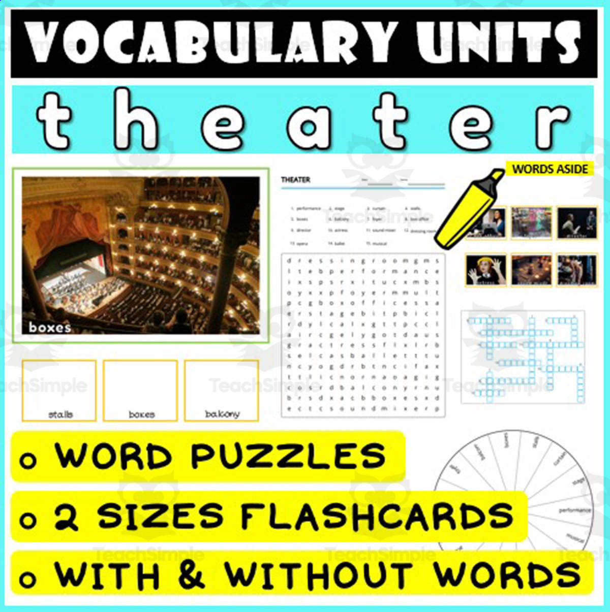 An educational teaching resource from WORDS ASIDE entitled ESL Vocabulary Flashcards Puzzles Games 46 downloadable at Teach Simple.