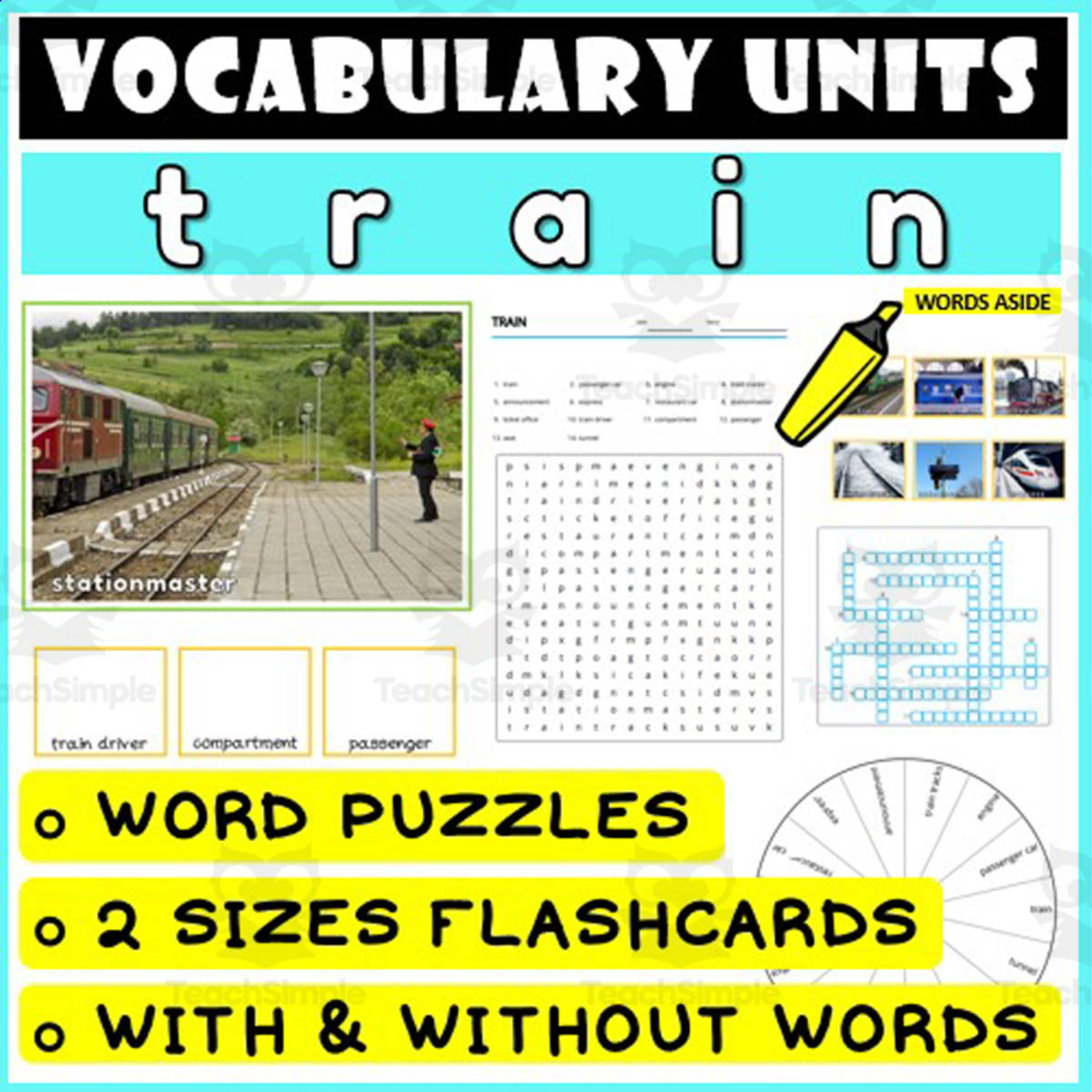 An educational teaching resource from WORDS ASIDE entitled ESL Vocabulary Flashcards Puzzles Games 48 downloadable at Teach Simple.
